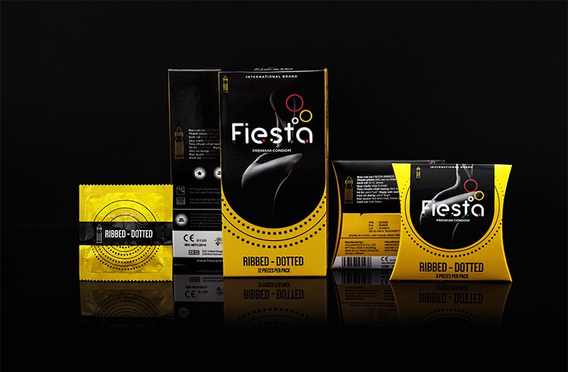 Bao cao su gân gai mỏng: Fiesta Ribbed - Dotted, mỏng hơn đáng kể so với các dòng bcs gân gai khác trên thị trường.
