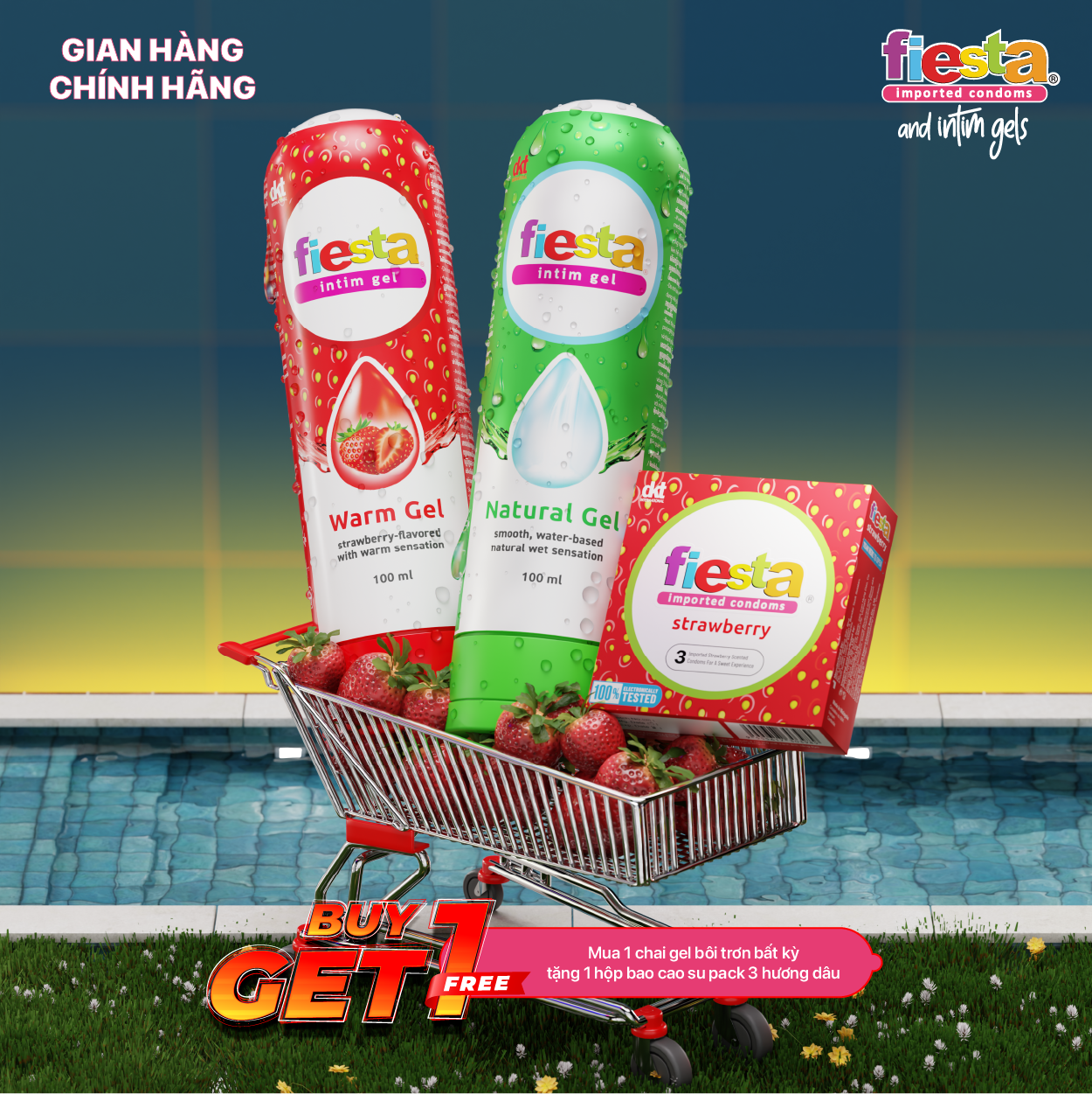 BUY 1 GET 1 - Mua 1 Fiesta Gel Bôi Trơn bất kỳ tặng 1 Fiesta hương Dâu Hộp 3 cái