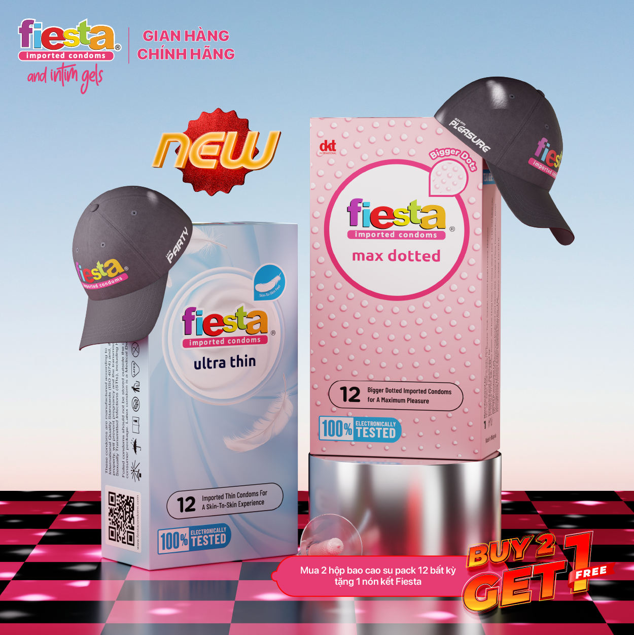 BUY 2 GET 1 - Mua 2 Fiesta Hộp 12 cái bất kỳ tặng 1 nón kết Fiesta
