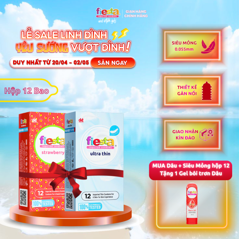 BUY 2 GET 1 - Mua 2 bao cao su Fiesta Hộp 12 Hương Dâu Gân + Siêu Mỏng Mềm Tặng 1 Gel Bôi Trơn Hương Dâu